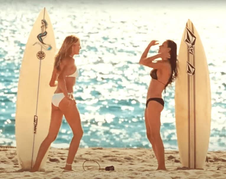 Volcom sponsored Demi Moore (right) with Kelly Slater ex Cam Diaz. Photo: Charlie's Angels: Full Throttle